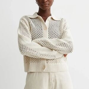 Mesh Crochet Loose Knit Cream Button Oversized Cardigan Medium